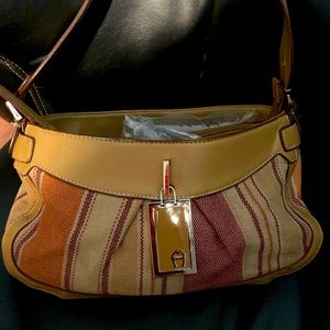 Etienne Aigner Creme pink orange fabric and faux leather satchel